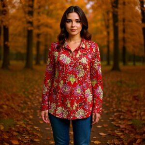 ZARA Floral Satin Blouse Red Botanical Print Long Sleeve Top XL – Boho Luxe